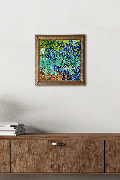 Pinecone Vincent van Gogh Irisuri pictură pe perete de piatră cu rama din lemn – 25x25 cm Decor pentru casă și birou | W1-66 |