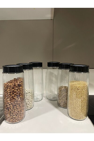 Tercih Home 6 Adet Mega Boy Uzun Dik Saydam kapaklı Çizgili Cam Kavanoz Seti 1500ml Erzak Saklama Kabı