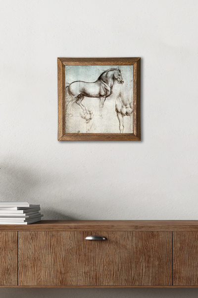 Pinecone Статуя на Леонардо да Винчи с дървена рамка и каменна стена – 25x25 cm Декор за дома и офиса |W1-16|