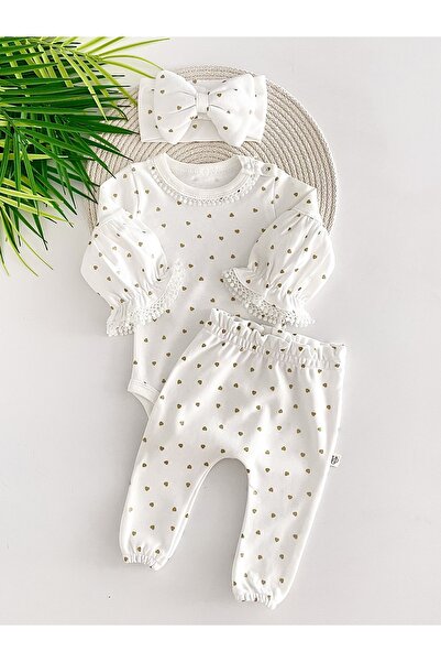 Jammybaby Maria Gold Heart Gilded Baby Girl Luxury 100% Cotton Lace Bandana Bodysuit with Pants Newborn