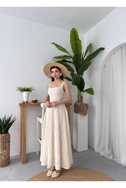 ETİKAFASHION Keten Çiçek İşlemeli Kare Yaka Uzun Askılı Elbise