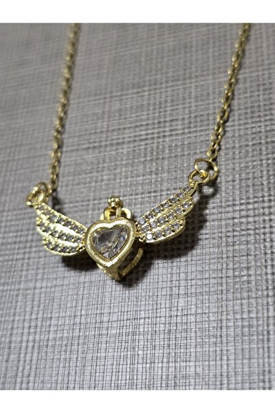 stainles steel Zirkon İşlemeli Kalp Kanat Paslanmaz Çelik Kolye