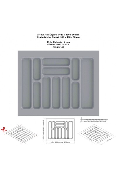 KOÇSAN Drawer Inside Cutlery Holder, Organizer, Organizer 62 cm X 49 Cm-Grey