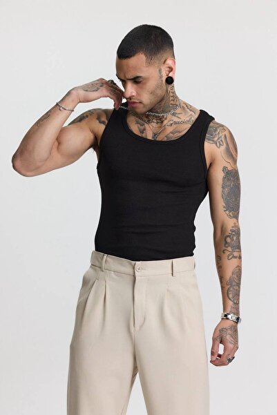 İLKCET MODA 2-Piece Black and Brown Slim Fit Men's Ribbed Tank Top