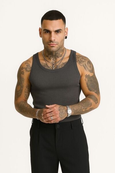 İLKCET MODA 2-Pack Anthracite and Cream Slim Fit Men's Ribbed Tank Tops