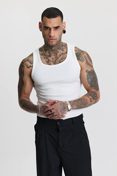 İLKCET MODA Преміум Fitilli Slim Fit Білий Еластичний Чоловічий Спортивний Майка