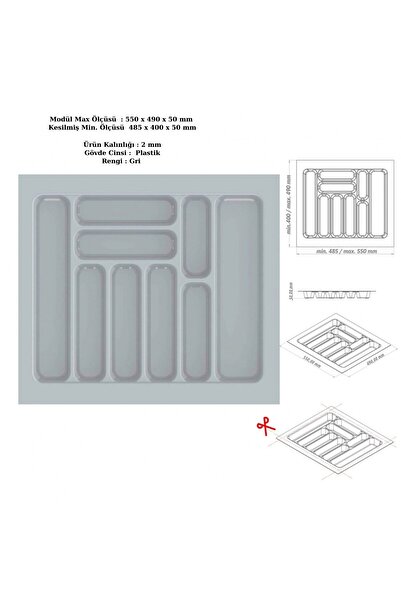 KOÇSAN Drawer Inside Cutlery Holder, Organizer, Organizer 55 cm X 49 Cm-Grey