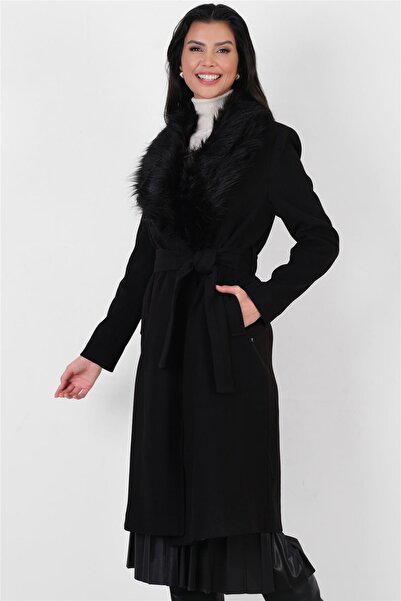 Spazio Pivetti Yakası Kürklü Kuşaklı Kaban SİYAH