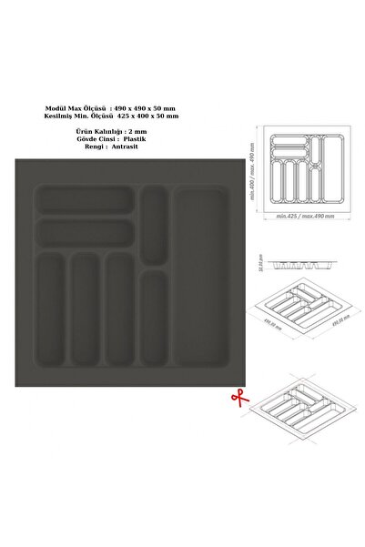 KOÇSAN Çekmece İçi Kaşıklık, Düzenleyici, Organizatör 49 CM X 49 CM-Antrasit