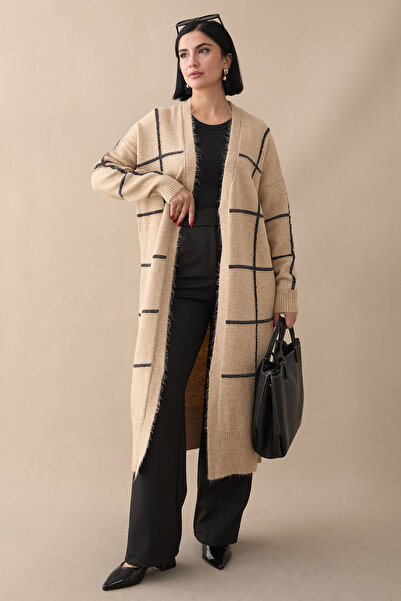 InStyle Beige Color Glitter Striped Knitwear Cardigan