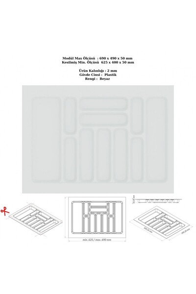 KOÇSAN Drawer Inside Cutlery Holder, Organizer, Organizer 69 cm X 49 Cm-White