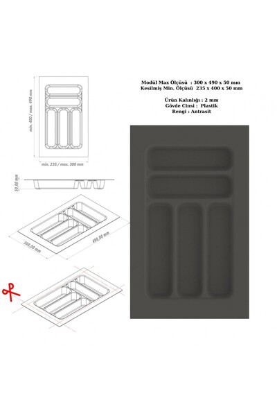 KOÇSAN Drawer Inside Cutlery Holder, Organizer, Organizer 30 cm X 49 Cm-Anthracite