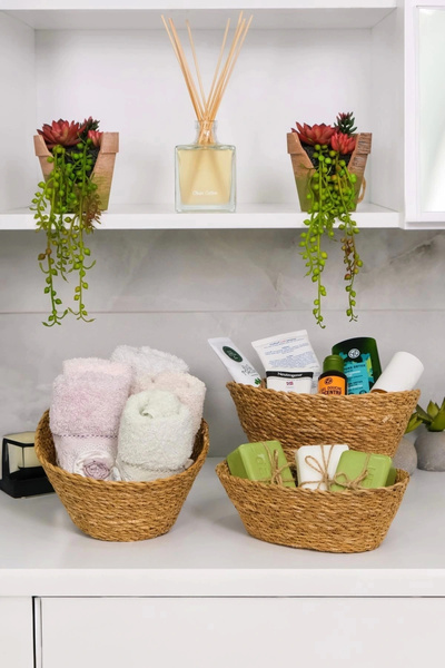 AVANTAGE HOME جوليا - طقم من 3 سلال زخرفية طبيعية مصنوعة يدويًا من القش، حامل...