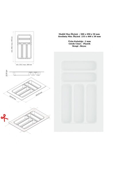 KOÇSAN Çekmece İçi Kaşıklık, Düzenleyici, Organizatör 30 CM X 49 CM-Beyaz