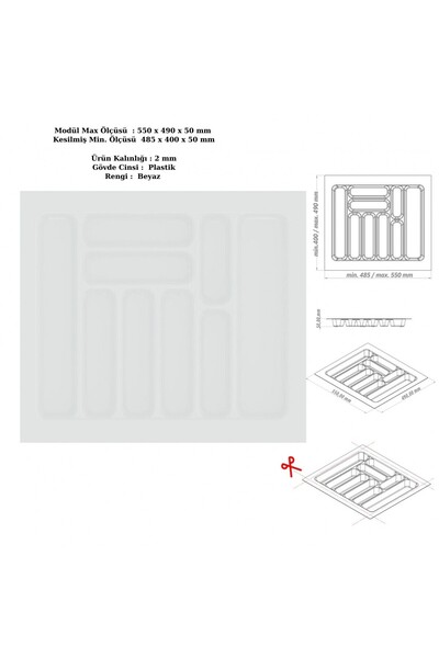 KOÇSAN Drawer Inside Cutlery Holder, Organizer, Organizer 55 cm X 49 Cm-White