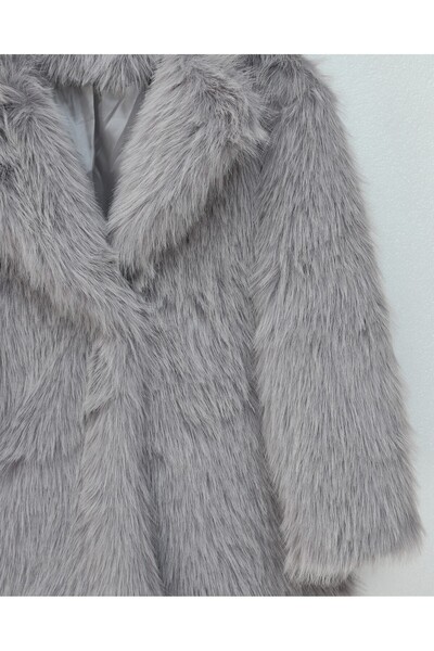 Modamorfo Lined Single Button Fur Jacket - Gray