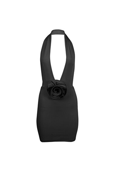 La Sarta Morella Women's - Rose Detailed Black Dress, Chest and Back Low-cut