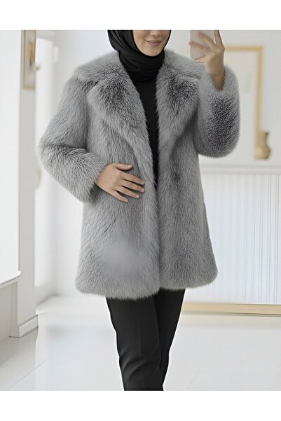 Modamorfo Lined Single Button Fur Jacket - Gray