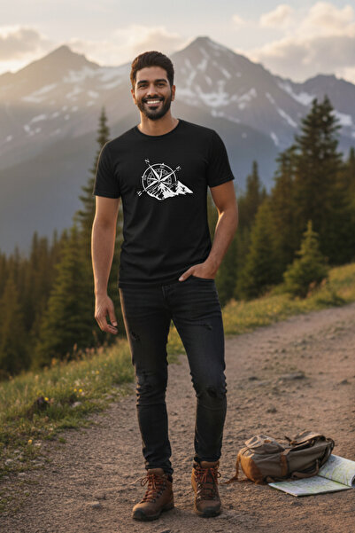 noetr تي شيرت رجالي مطبوع عليه بوصلة المسافر الأساسية باللون الأسود