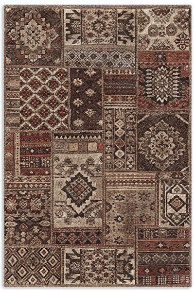 Pastel Home Kahverengi Patchwork Şönil Halı Kilim Yolluk Kaymaz Saçaklı Yıkan...
