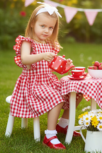 Parla Kids Kız Çocuk Violetta Kırmızı Pötikareli Fırfırlı Bağlama Detaylı Elbise Bandana Takım