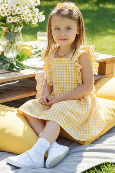 Parla Kids Kız Çocuk Violetta Sarı Pötikareli Fırfırlı Bağlama Detaylı Elbise Bandana Takım