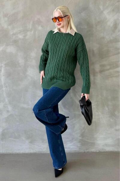 Madmext Yeşil Bisiklet Yaka Örgülü Triko Kazak Mg2336