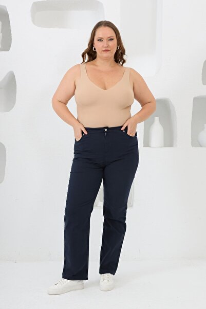 RMG Beli Lastikli Büyük Beden Lacivert Pamuk Pantolon