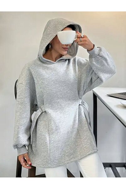 caddekombin Kadın Kapüşonlu Özel Tasarım Kuşaklı Gri Sweatshirt