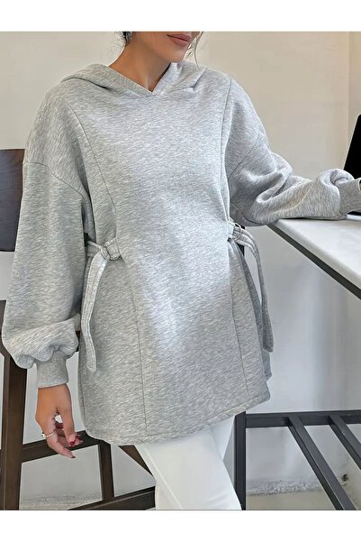 caddekombin Kadın Kapüşonlu Özel Tasarım Kuşaklı Gri Sweatshirt