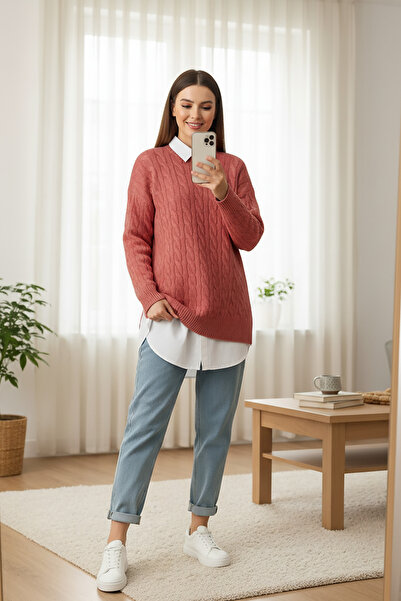 MODAQU Leyla Saç Örgü Yumoş Triko Kazak - Gül Kurusu