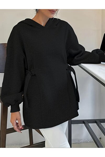 caddekombin Kadın Kapüşonlu Özel Tasarım Kuşaklı Siyah Sweatshirt