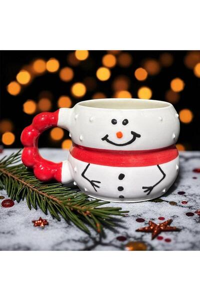 İZart Bead Handle Snowman Patterned New Year Themed Special Embossed Hand Embroidered Ceramic Mug