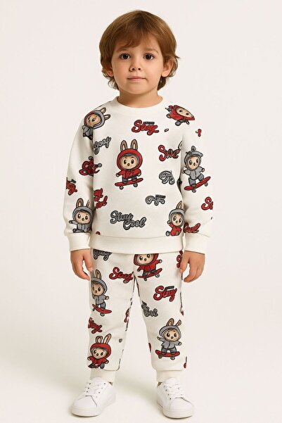Şekerkids Boys' Cotton White Color Labubu Patterned Seasonal Pajama Set