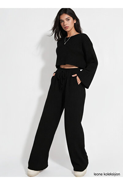 LEONE KOLEKSİYON Μαύρο κοτλέ Σετ από πλεκτό ύφασμα Crop Top & Παντελόνι με φα...