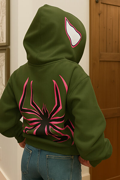 CLASSY.MODA Young Style Unisex Hooded 3 Thread Kangaroo Pocket Sweatshirt Modern Spider Printed