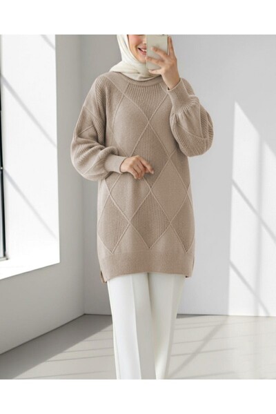 Modamorfo Round Neck Diamond Pattern Slit Knit Sweater - Light Mink