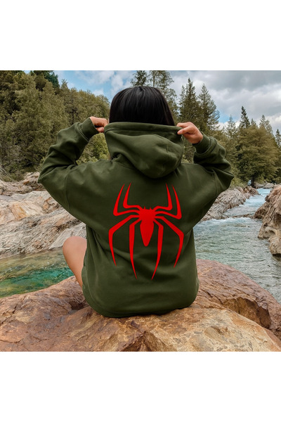 CLASSY.MODA Unisex 3 Thread Hooded Sweatshirt with Kangaroo Pocket Back Large Red Spider Printed
