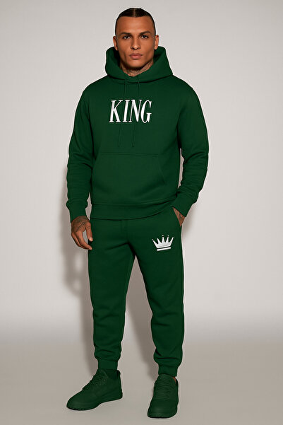classy moda طقم بدلة رياضية يونيسكس بطباعة KING مع غطاء رأس وجيوب كنغر وتفاصي...