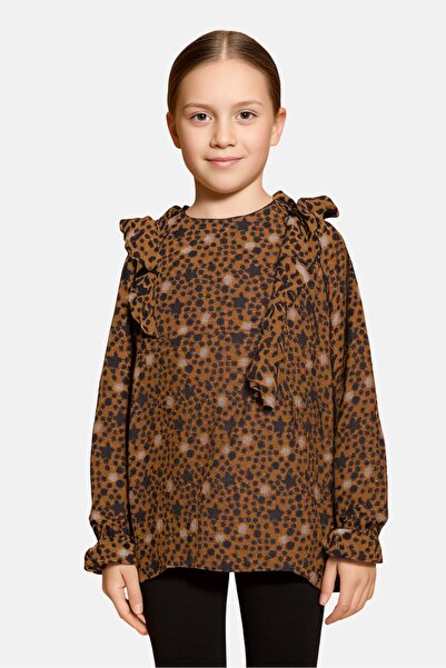 Overkids Kids Girl Crew Neck Long Sleeves Allover Print Top, Light Brown