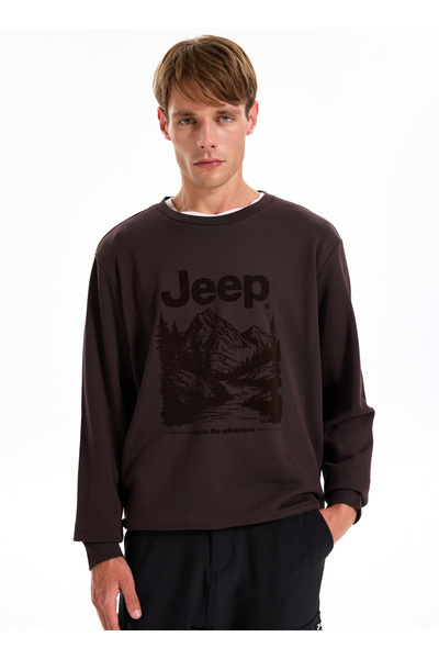 Jeep Bisiklet Yaka Baskılı Kahve Erkek Sweatshırt J5WM-SWT7329