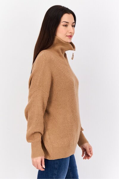 aerie Women Mock Neck Crochet Sweater, Tan