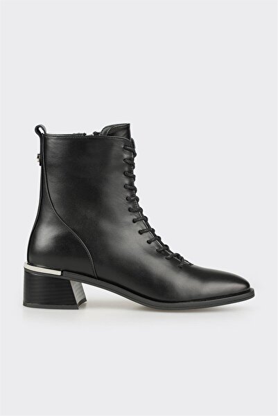 Elle Shoes Siyah Deri Kadın Topuklu Bot