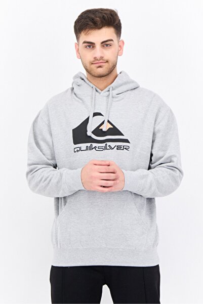 Quiksilver Men Hood With Drawstring Brand Logo Long Sleeve Sweatshirts, Heather Grey