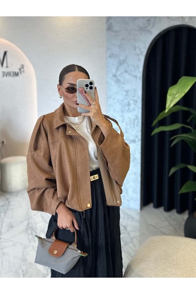By Merve Darende Süet Fermuarlı Düşük Omuz Bomber Ceket