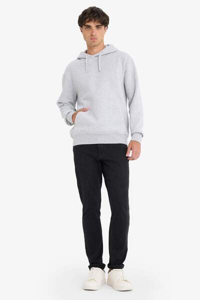 DeFacto Regular Fit Hooded Soft Inside Furry Kangaroo Pocket Basic Plain Sweatshirt X8283Az25Au