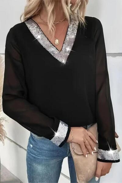 Mossta Imported Crepe Blouse with Collar and Sleeve Pulpayet Detail - Black
