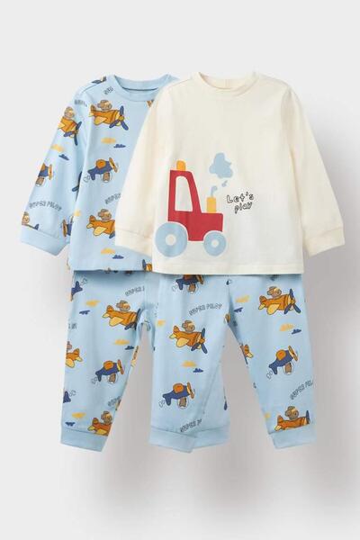DeFacto Baby Boy 4-Piece Pajama Set Airplane Printed Long Sleeve Combed Cotton Top Long Bottom (25 Au)