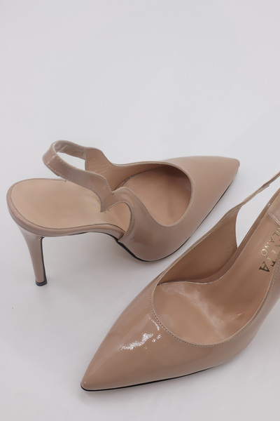 wanita milano Gerçek Rugan Deri Kadın Yüksek Topuklu Açık Arka Bantlı Zarif Stiletto – Nude Bej