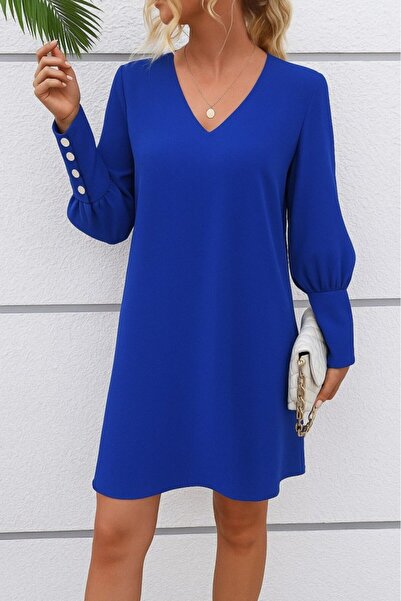 JANES فستان نسائي قصير بأكمام طويلة وياقة على شكل حرف V من الكريب المستورد